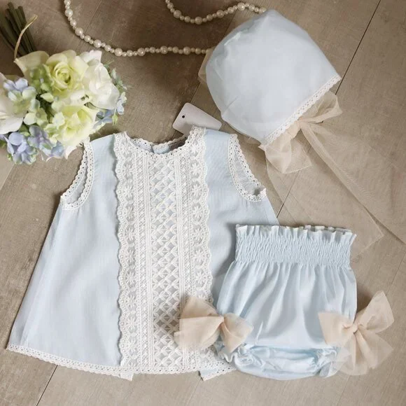 RARE Blue Vintage Newborn Diaper Set With Bonnet Lace and Tulle Newborn NWOT - Picture 1 of 9